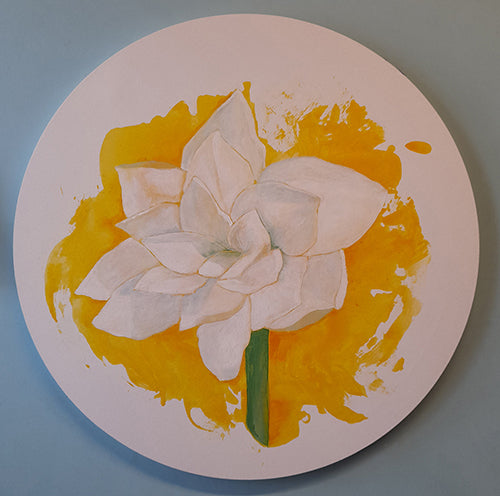Sunshine original round acrylic painting featuring glowing amaryllis flower on circle canvas, 60cm diameter