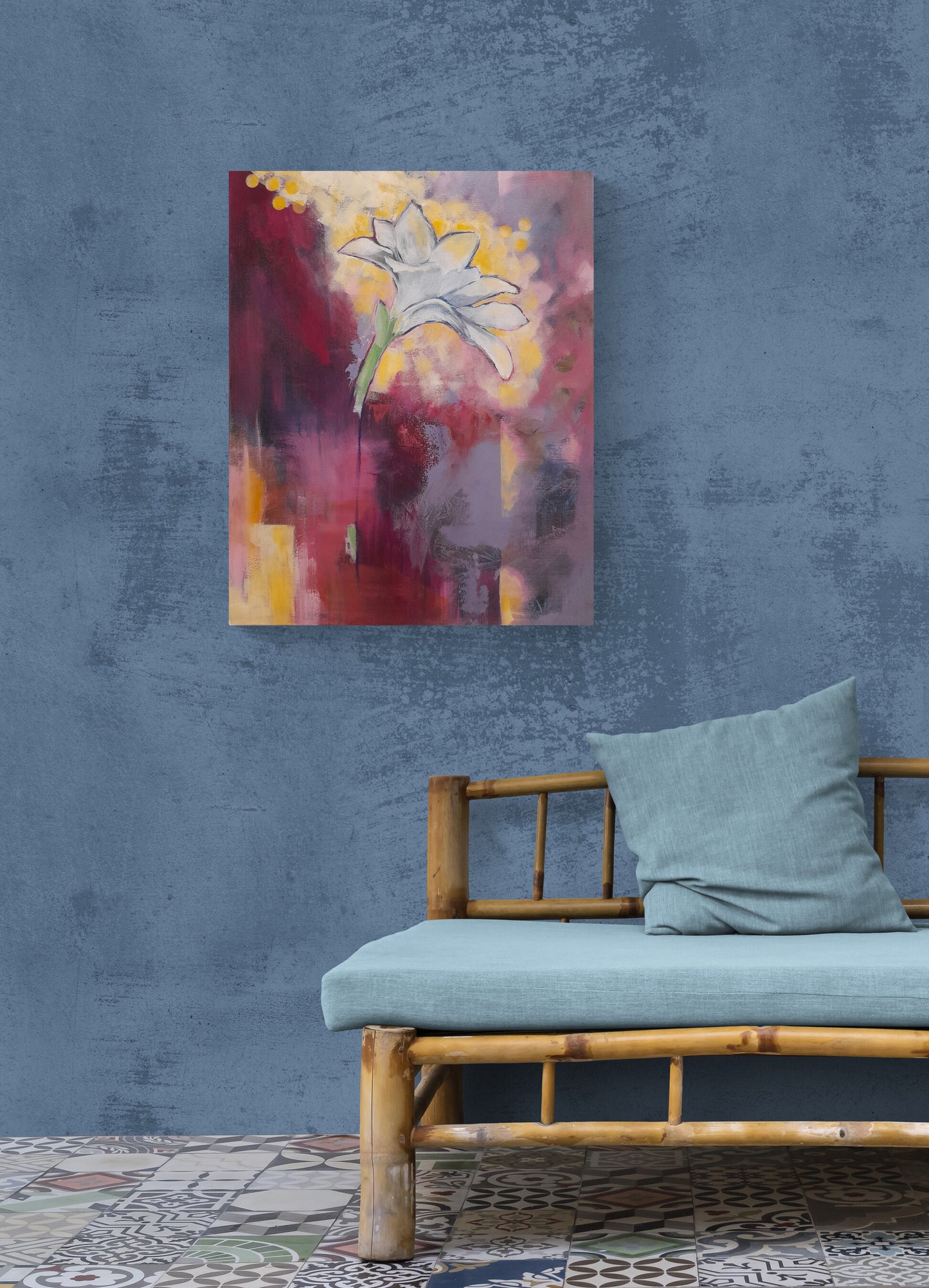 Colorful Day original acrylic painting featuring vibrant white amaryllis flower with multilayered colors