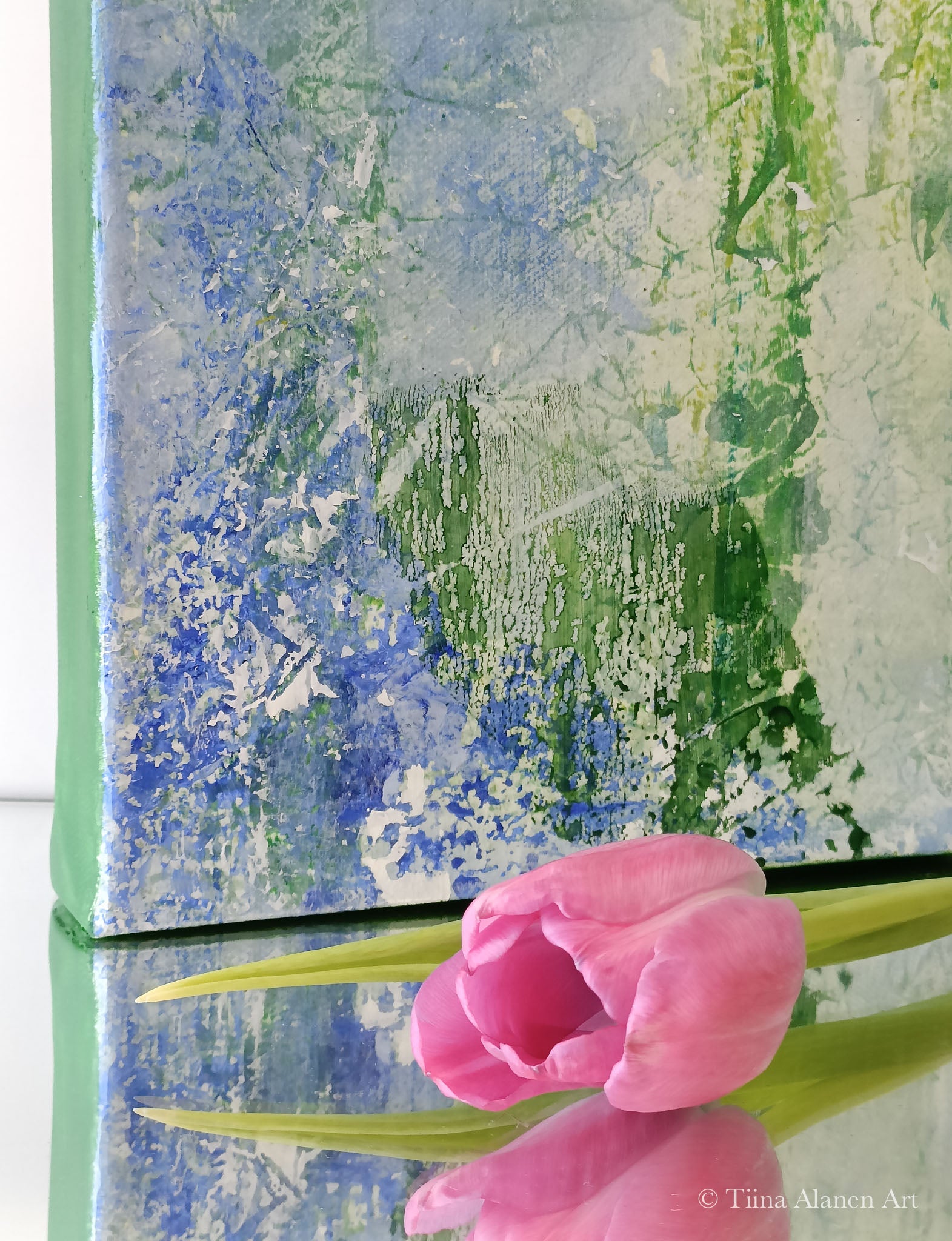 Between Frost and Memory - original abstract acrylic painting with layered blues, greens and whites depicting winter atmosphere"