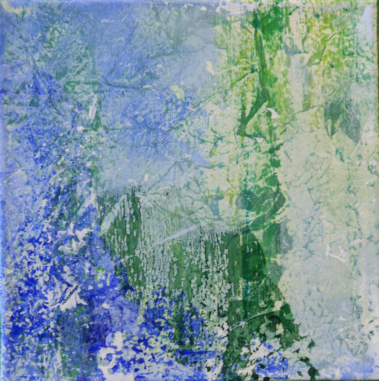 Between Frost and Memory - original abstract acrylic painting with layered blues, greens and whites depicting winter atmosphere