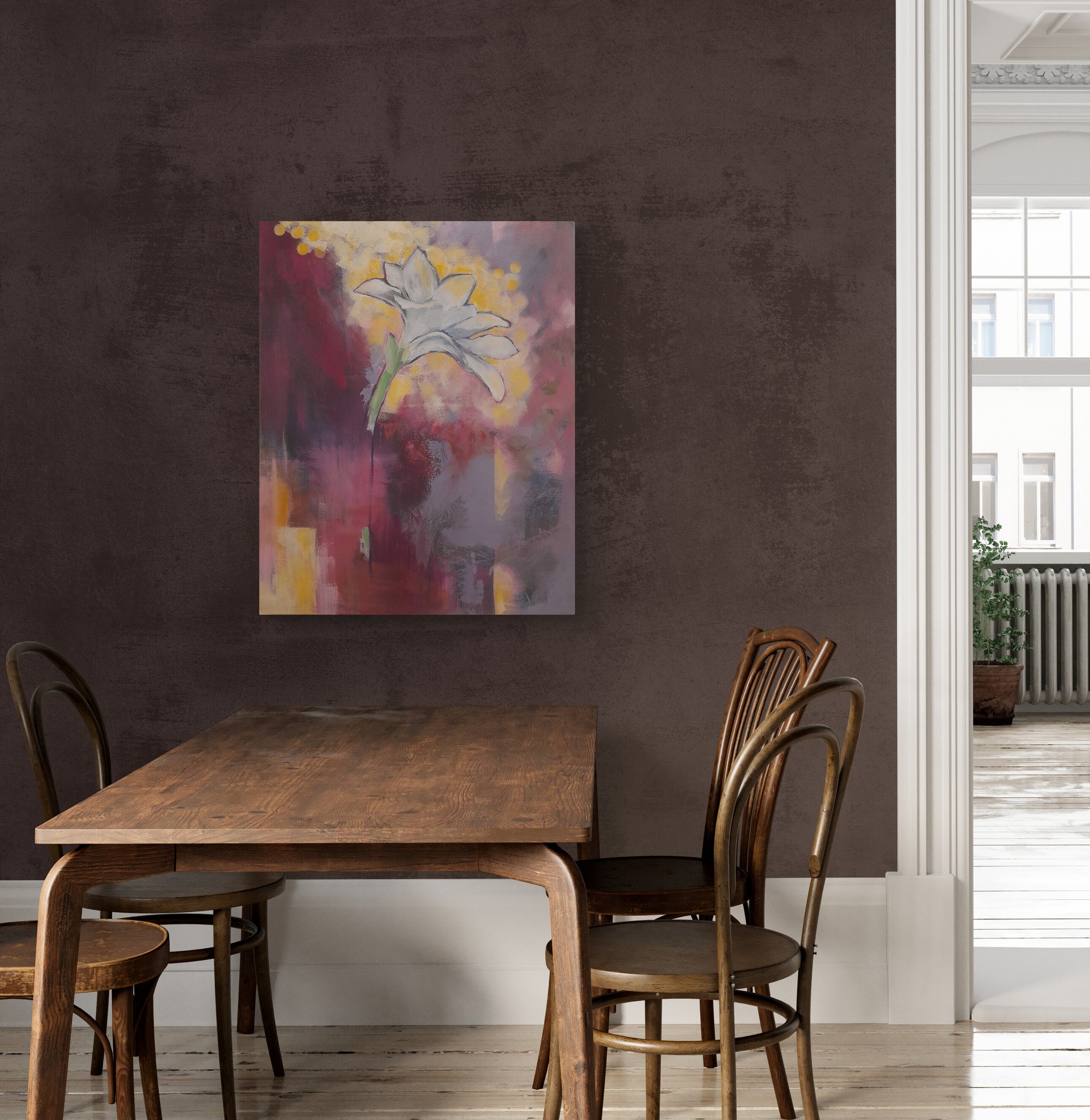 Colorful Day original acrylic painting featuring vibrant white amaryllis flower with multilayered colors