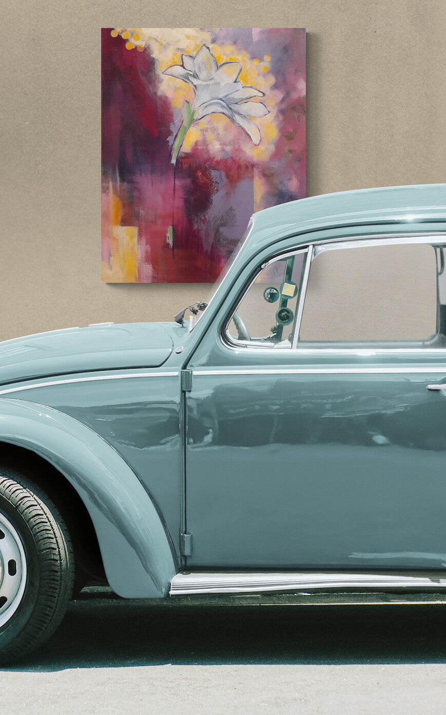 Colorful Day original acrylic painting featuring vibrant white amaryllis flower with multilayered colors