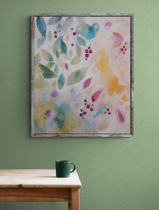 Joyful Leaves and Berries original acrylic painting featuring vibrant autumn leaves and berries on canvas