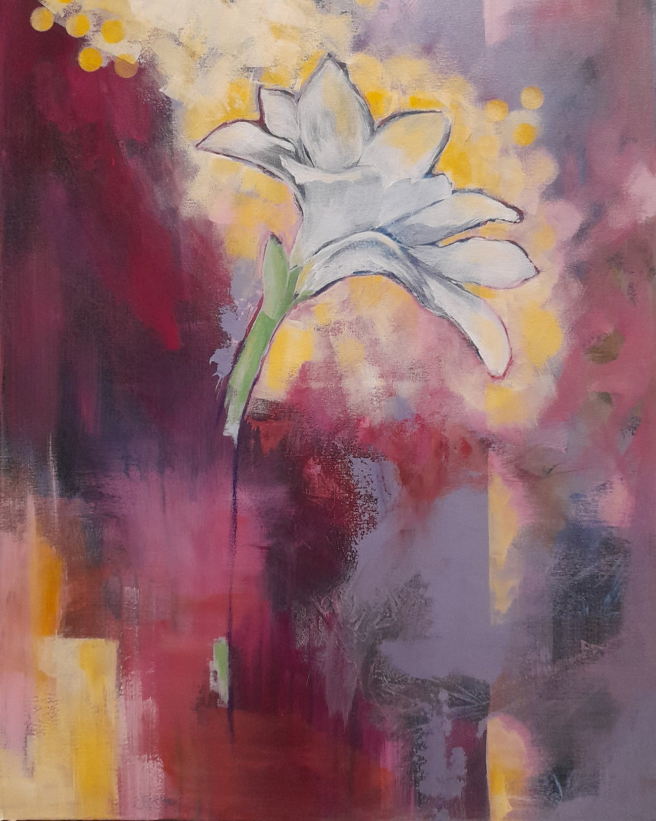 Colorful Day original acrylic painting featuring vibrant white amaryllis flower with multilayered colors