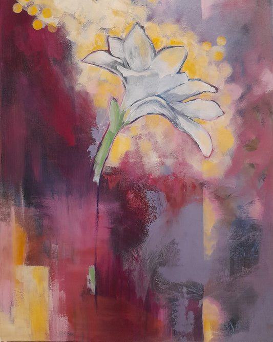 Colorful Day original acrylic painting featuring vibrant white amaryllis flower with multilayered colors